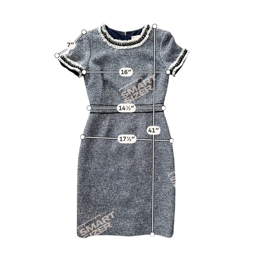 Tory Burch Rosemary Metallic Tweed‎ Dress 4 Jewels Fringe Navy White Old Money